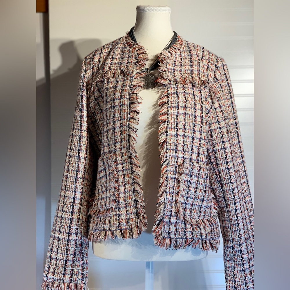 Women's size 1 Halogen jacket, multi color frayed raw edge cotton blend w pocket